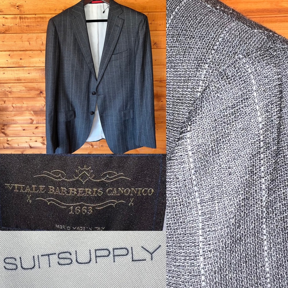 SuitSupply Sienna Men’s 42L gray wide stripe  130s 100% wool VBC suit jacket